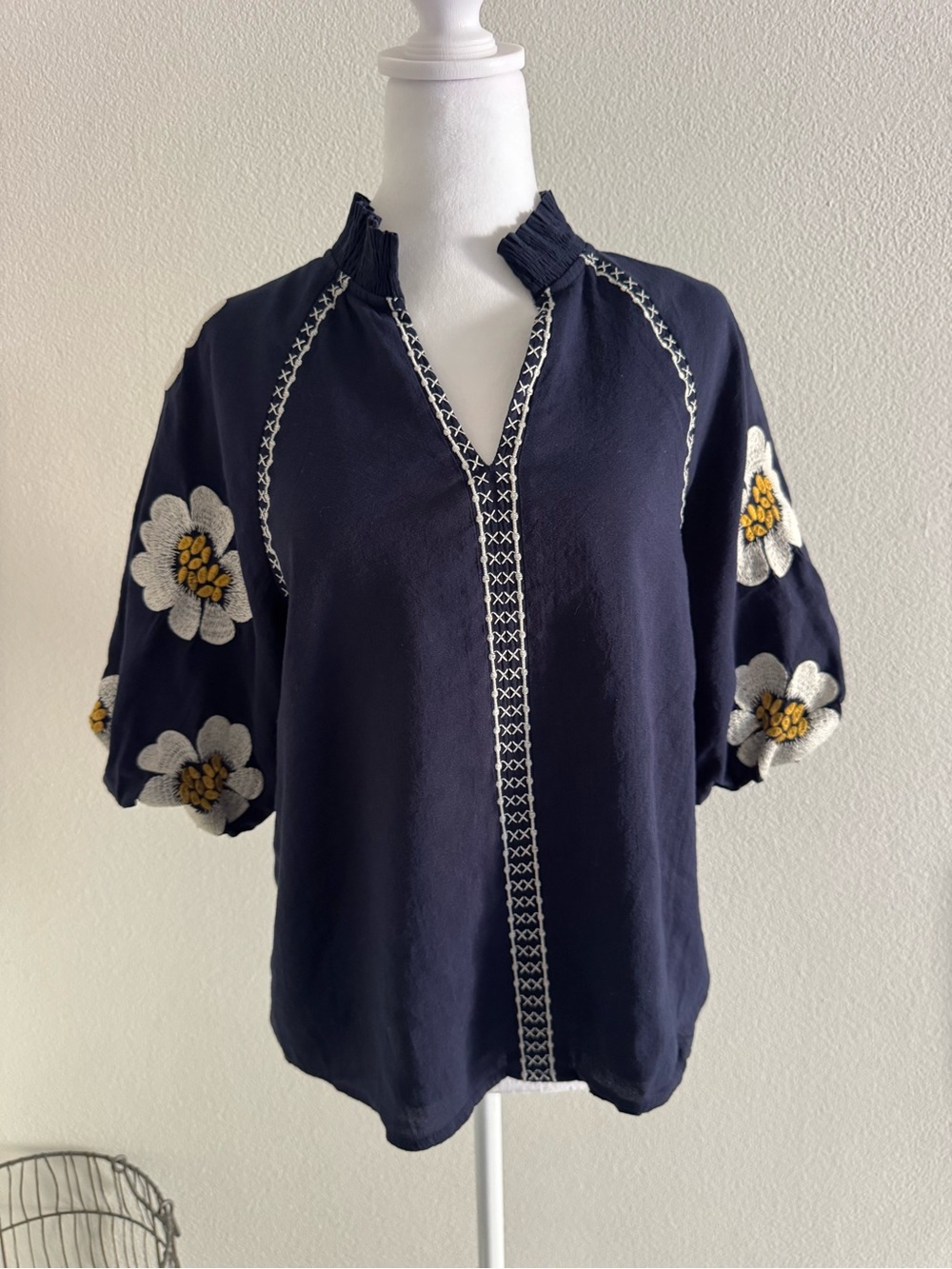 THML Navy Puff-Sleeve Floral Embroidered Top
